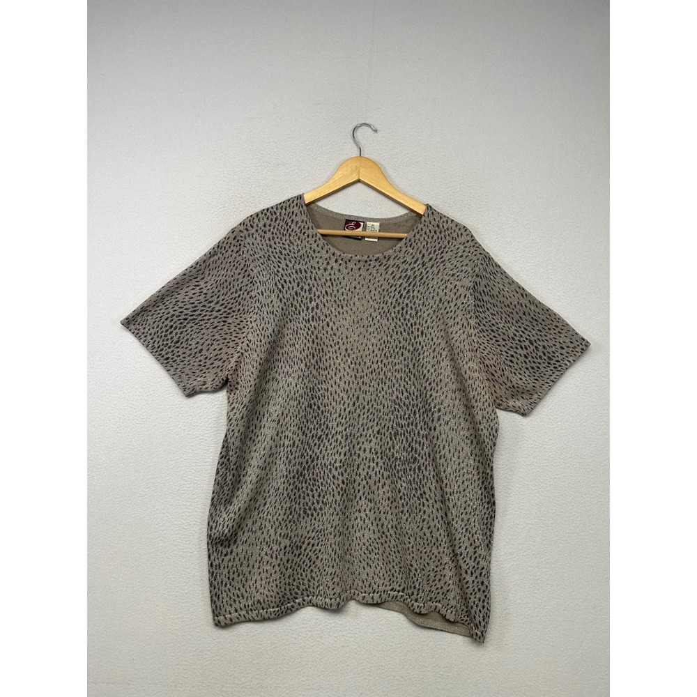 Glam Chic Elena Tannassi Women 3X Taupe Metallic Knit Animal Print Short Sleeve